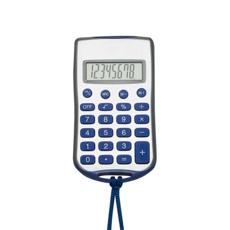 Calculadora plástica retangular de 8 dígitos prata com cordão e acessórios coloridos